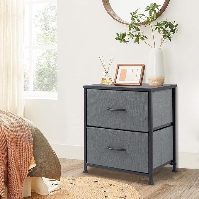 DUMOS Nightstand Small Dresser with 2 Fabric Drawers Side Bedroom End Table Kids Bedside Storage Furniture for 20 inch Tall Night Stand for Closet, Entryway, College Dorm, Ash