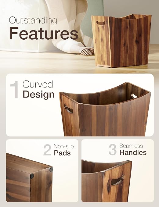 Tidita 3-Gallon Acacia Wood Wastebasket, Small Wood Trash Can with Handles | Acacia Wood, 13" L x 6.6" W x 13" H, Integrated Handles, Non-Slip, Rustic Style for Bathroom, Bedroom, Kitchen, Walnut Color