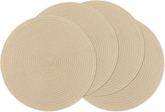SHACOS 15 inch Round Braided Placemats Set of 4 Cotton Polyester Place Mats Washable Kitchen Dining Table Mats for Dinner Party Table Decor (Light Beige, 4)