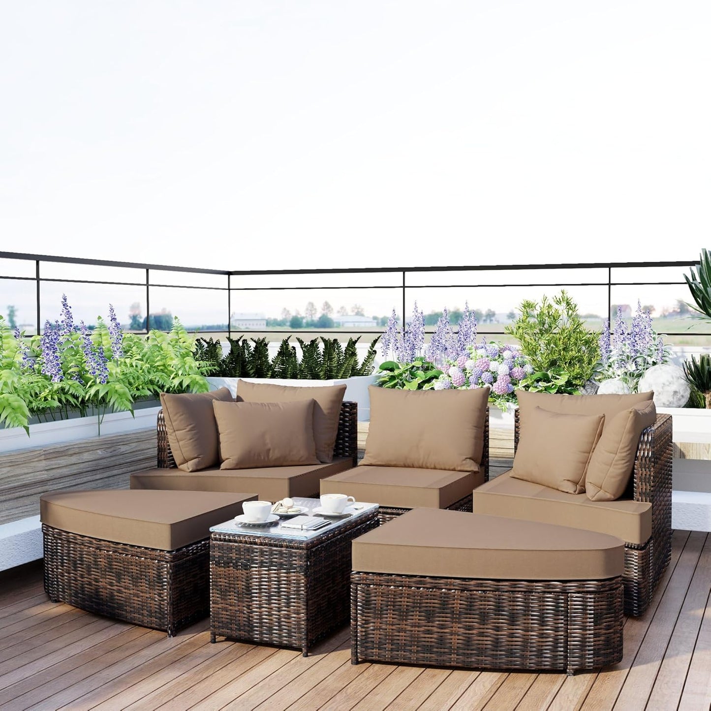 kevinplus Outdoor Patio Outdoor Daybed Patio Sunbed, All-Weather PE Wicker Patio Outdoor Conversation Round Sectional Sofa Couch Set with Coffee Table, Brown