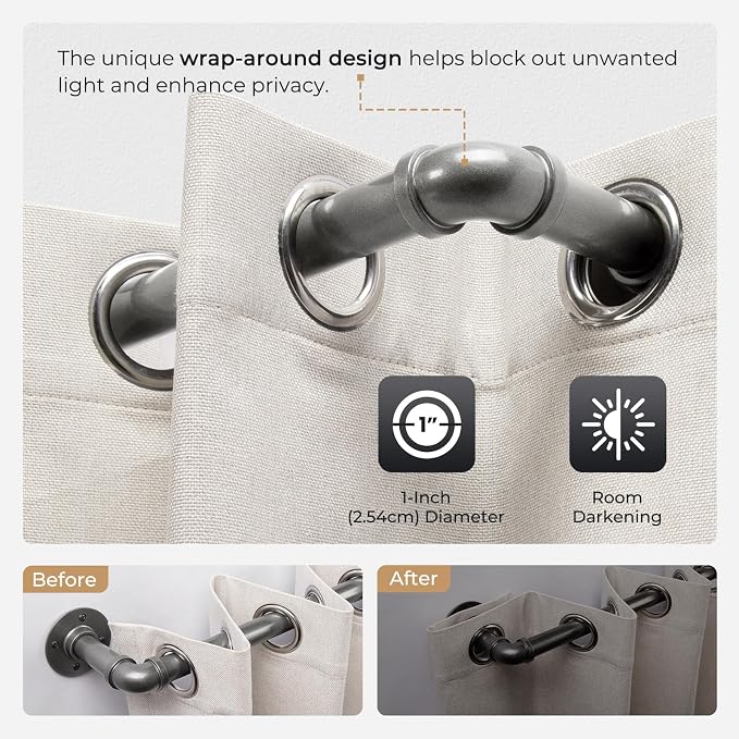 Zeerobee Curtain Rods for Windows 32 to 72, 1 Inch Industrial Wrap Around Grey Curtain Rod, Indoor/Outdoor Room Divider Adjustable Drapery Pole, 32"-72"