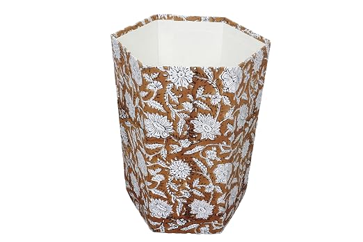 3.3 Gallon Cotton Hand Block Printed Paper Waste Basket |Small Decorative Trash Can for Housewarming Gifts in Living Room, Bedroom, Bathroom | Eco-Friendly, Plastic-Free (1, Brown White FLOWAR)