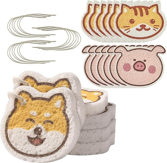 JOYMOOP Cartoon Kitchen Sponge, Non-Scratch Sponges for Dishes, Natural Cellulose Sponges for Cleaning, Reusable Sponge for Household Cleaning - 18 Pcs Mixed Pattern (Kitten, Doggy and Piggy)