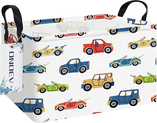 Rectangular Cartoon Car Pattern Storage Bin, Decorative Canvas Laundry Basket with Dual Handles, Foldable Household Toy Organizer, Multipurpose Party Gift Basket for Bedroom Dorm (Car)