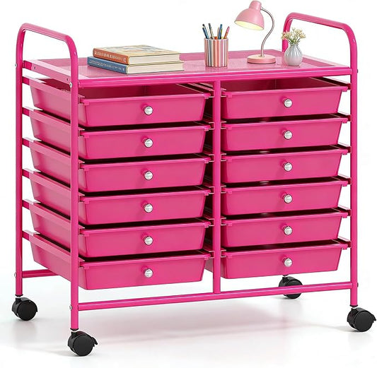 COSTWAY 12-Drawer Rolling Storage Cart, Utility Storage Organizer Cart for Tools, Scrapbook, Paper, Craft, Multipurpose Art Supply Organizer on Wheels for Home Office School, Teacher, Hot Pink