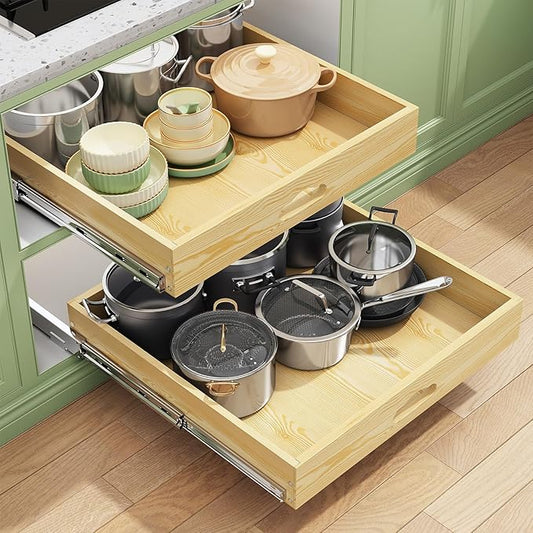 2Pack Pull Out Cabinet Organizer, Soft Close Wooden Slide Out Drawers for Pots, Full-extension Roll Out Shelves for Kitchen Cabinets, Pantry Organization, Bottom and Side Mount(21"W X 21"D x 3.4''H)