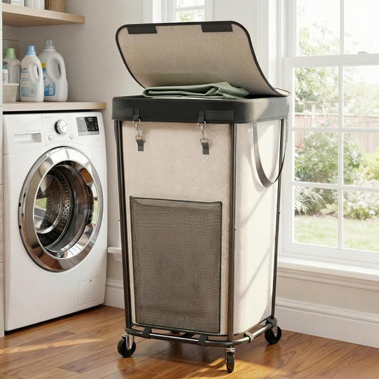 Laundry Basket with Lid and Wheels Rolling Laundry Basket, Removable Laundry Bag Design for Daily Use in Bathrooms and Laundry Rooms (Cover White, 160L)