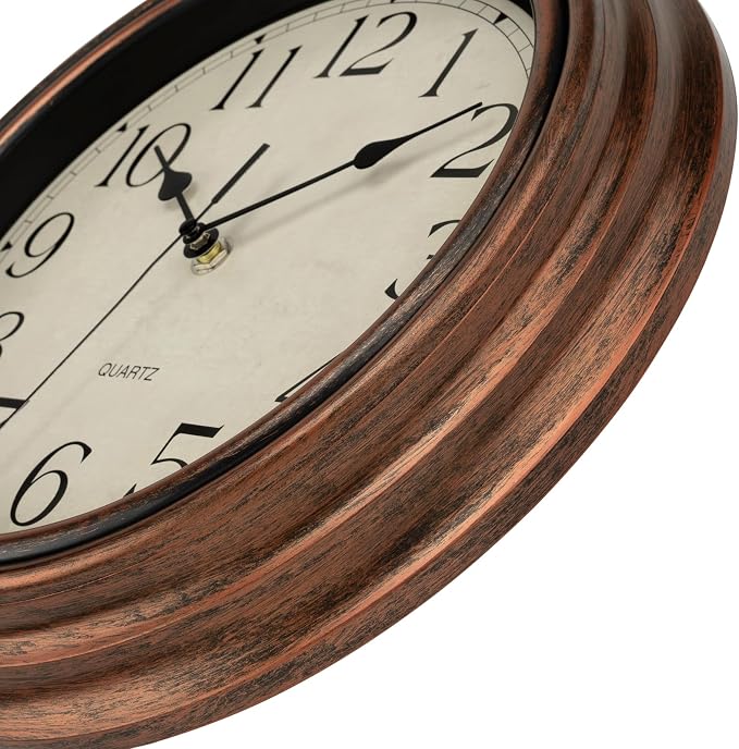 Foxtop Vintage Copper Wall Clock 12 Inch Silent Non Ticking Battery Operated Quartz Round Retro Wall Clock Decorative for Kitchen Bedroom Living Room Office Classroom