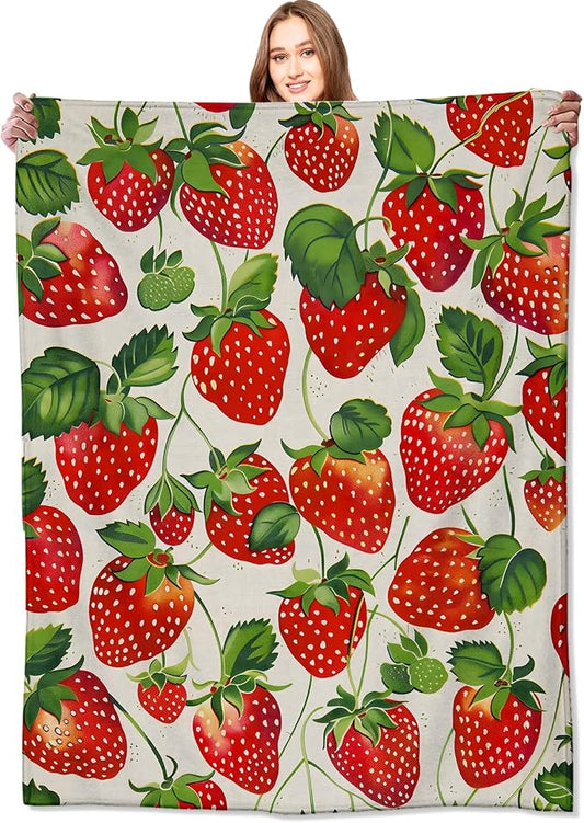 Strawberry Blanket Lush Red Strawberries Throw Blankets with Green Leaves,Birthday Gifts for Kids Adult Women,Lightweight Soft Fleece,for Sofa Couch Bed Room Farmhouse Decor 50x60in