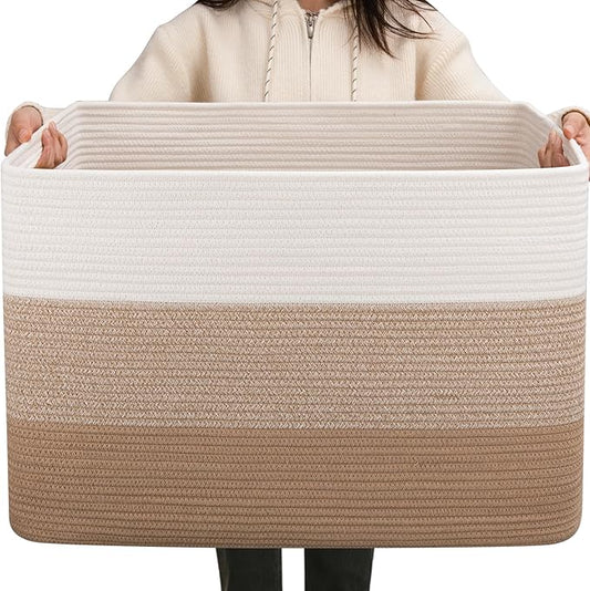 OIAHOMY 108L Super Large Blanket Basket, 25”x16”x16” Rectangle Woven Baskets for Storage, Cotton Rope Basket For Living Room, Toy Storage with Handle- Gradient Light Brown