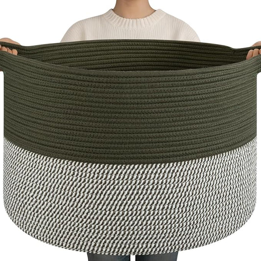 OIAHOMY 90L XXXLarge Blanket Basket for Living Room, 21.7" x 13.8" Woven Cotton Rope Laundry Basket for Organizing Pillows, Decorative Stuffed Animal Toy Storage for Nursery, Green and Grey
