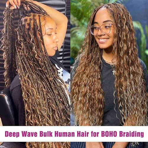 KRN 4/27 Braiding Hair Deep Wave Bulk Human Braiding Hair 2 Bundles/Pack 100g Curly Hair for Boho Braids 12A Salt And Pepper Braiding Human Hair No Weft Wet and Wavy Braiding Hair Extensions 24 Inch
