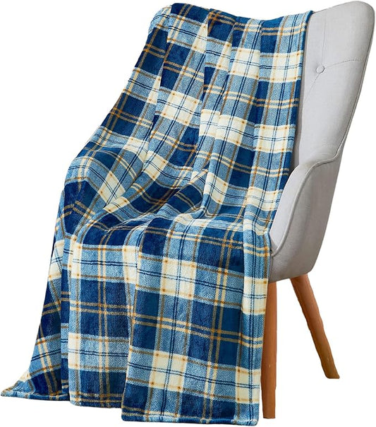Teal Plaid Farmhouse Fleece Throw Blanket: Soft Blue Cream Brown Tartan Design Accent for Sofa Couch Chair Bed Dorm