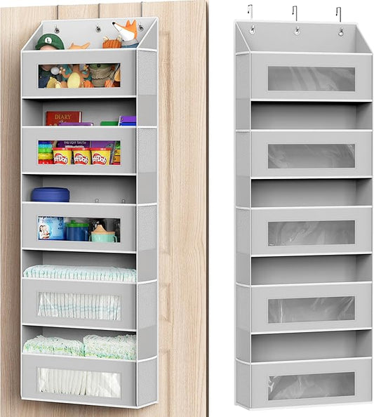 Simple Houseware Large Heavy Duty Over the Door Organizer with 5 Clear Window Pockets, 45 lbs Capacity for Pantry, Closet, Bathroom, Gray