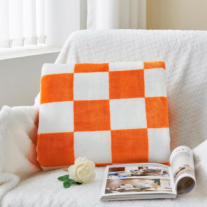 BEDELITE Checkered Throw Blanket for Couch, Soft & Cozy Fleece Flannel Blanket with Checkerboard Grid Home Decor, Checkered Orange Tennessee Blanket, 50x60 Inches
