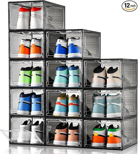 Clemate Upgraded X-Large Shoe Storage Box,12 Pack,Shoe Box Clear Plastic Stackable,Drop Front Shoe Box with Clear Door,Shoe Organizer Containers For Sneaker Display,Fit up to US Size12, Ashy