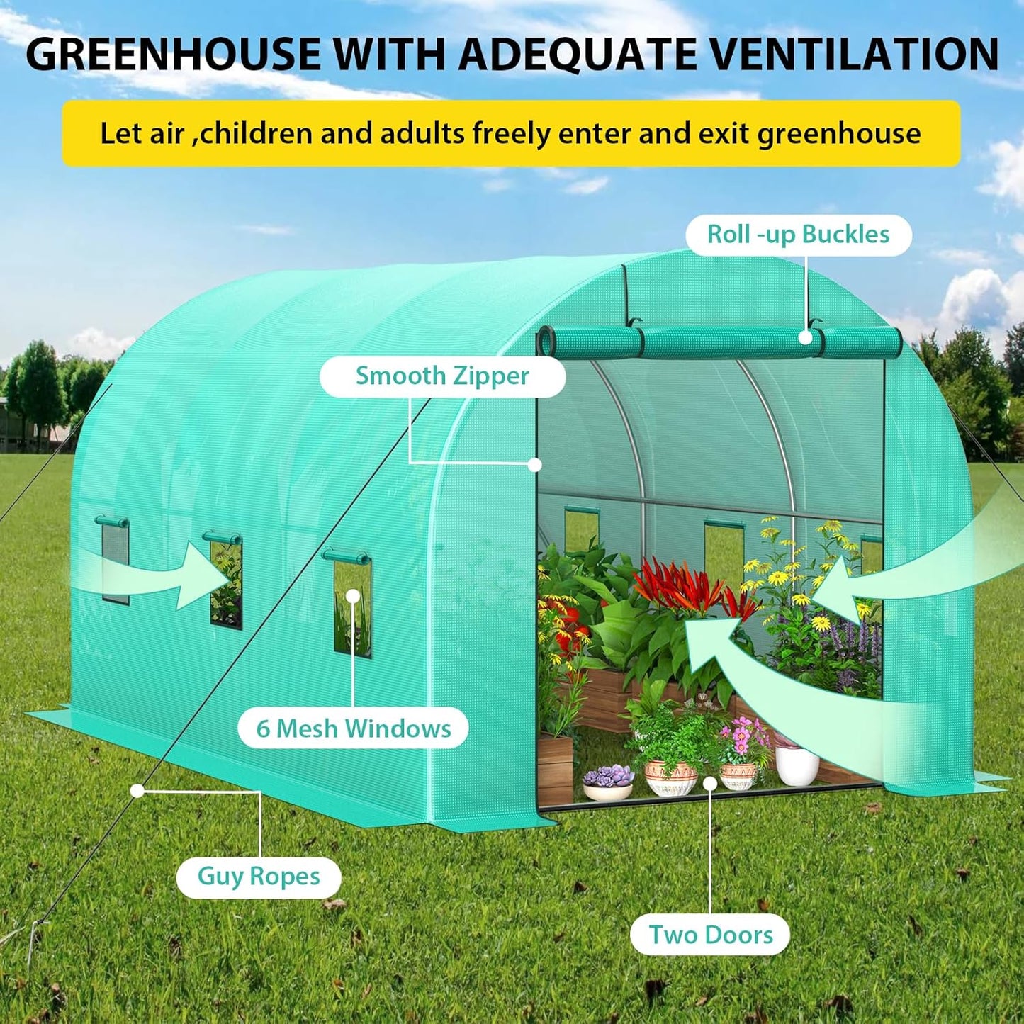 Compact Greenhouse Kit 8'x13'x7' with Galvanized Frame, 140G Green PE Cover, 2 Doors & 6 Windows for Outdoor Gardening