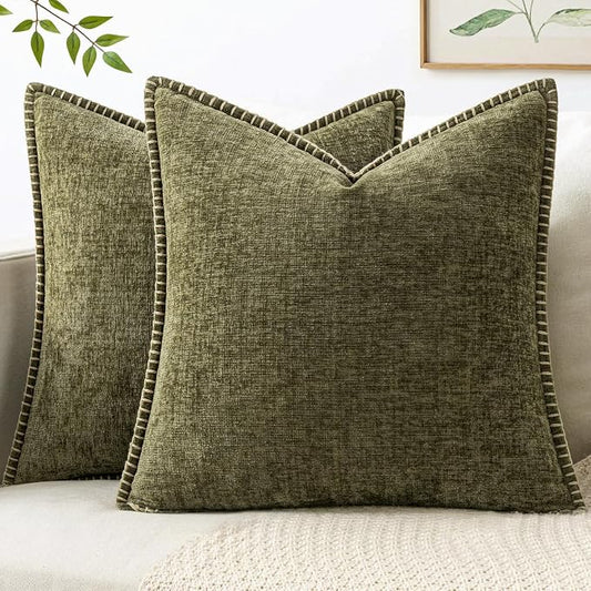 MIULEE Pack of 2 Couch Throw Pillow Covers 20x20 Inch Olive Green Farmhouse Decorative Pillow Covers with Stitched Edge Soft Chenille Solid Dyed Pillow Covers for Sofa Bed Living Room