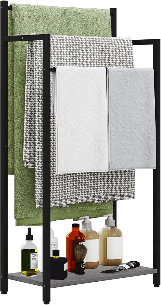 Freestanding Towel Rack, 3 Tier Blanket Ladder Stand with Oak Grey Wooden Shelf for Bathroom Living Room (31.5" H x 16.9" W x7.9 D)