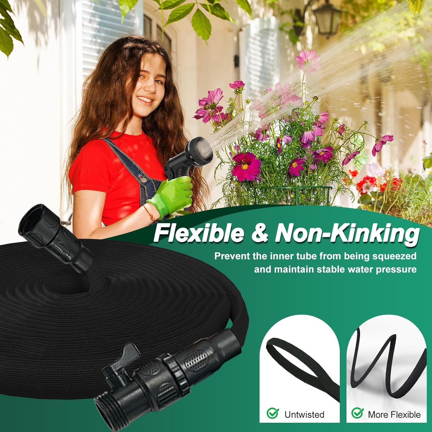 Garden Hose, 2025 Upgraded Non-Expanding Water Hose Sturdy & Lightweight 3/4 Hose, No-Kink, Tough & Flexible Water Pipe, Crush-Proof for Yard, Lawn, Outdoor, Car Wash (Black, 100FT)