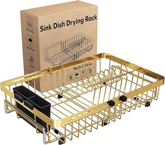 MAJALiS Gold Dish Drying Rack Over The Sink, Expandable Stainless Steel Dish Drainer for Small Kitchen Counter Space Saving, RV Compact Plate Strainer in Metal with Hanging Adjustable Utensil Holder