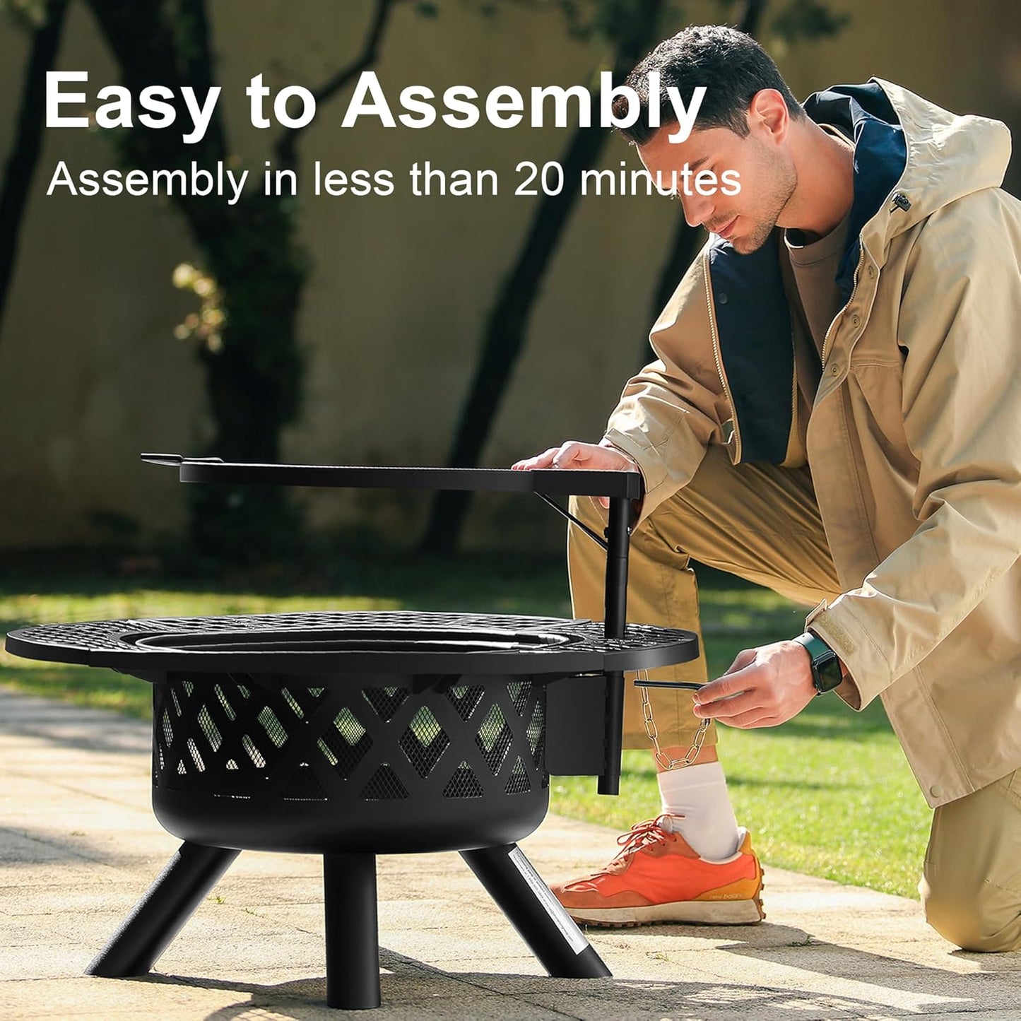 BALI OUTDOORS Fire Pit with Poker, 32 inch Outdoor Fire Pit Patio, Wood Burning Firepits for Outside with Grill