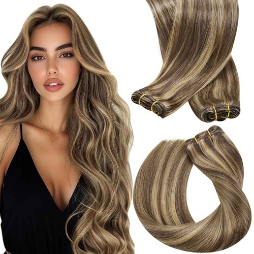 Sunny Hair Sew in Hair Extensions Real Human Hair Dark Brown with Caramel Blonde Highlights Weft Hair Extensions Human Hair Brown Sew in Extensions for Women Real Hair Bundles Human Hair 20inch 100g