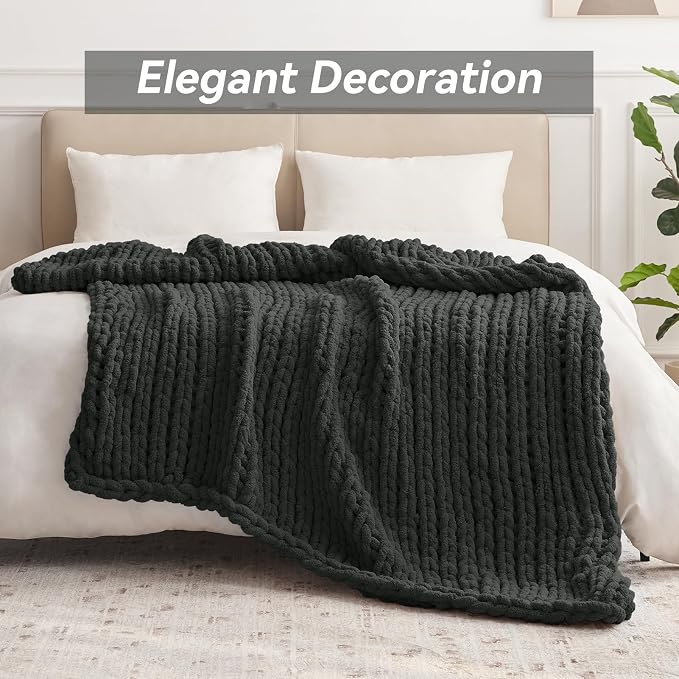 Negwoo Chunky Knit Throw Blanket, 80''*90'' Knitted Throw Chenille Yarn for Bed Couch, Handmade Dark Grey Crochet Big Thick Blanket, Machine Washable Cute Comfy Blanket for Home Decor