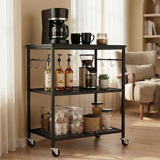 Homleke 3-Tier Rolling Kitchen Microwave Cart, Kitchen Utility Cart on Lockable Wheels, Coffee Bar Table Station with 6 S-Shaped Hooks, Small Appliance Storage Shelf, Black