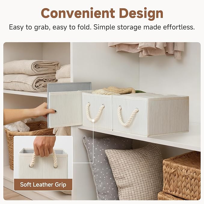 StorageWorks Fabric Storage Bins for Shelves, Storage Baskets for Closet Organization, Organizer Bins for Clothes Storage, Beige, White & Ivory, 3-Pack, Small