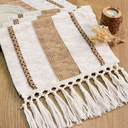 FEXIA Boho Table Runner with Tassels 12x90 Inches for Home Decor Farmhouse Rustic Macrame Burlap Table Decoration for Pottery Barn Furniture, Living Room and Dining Room