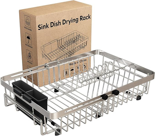 MAJALiS Dish Drying Rack Over The Sink, Expandable Stainless Steel Dish Drainer for Small Kitchen Counter Space Saving, RV Compact Plate Strainer In Silver Metal with Hanging Adjustable Utensil Holder