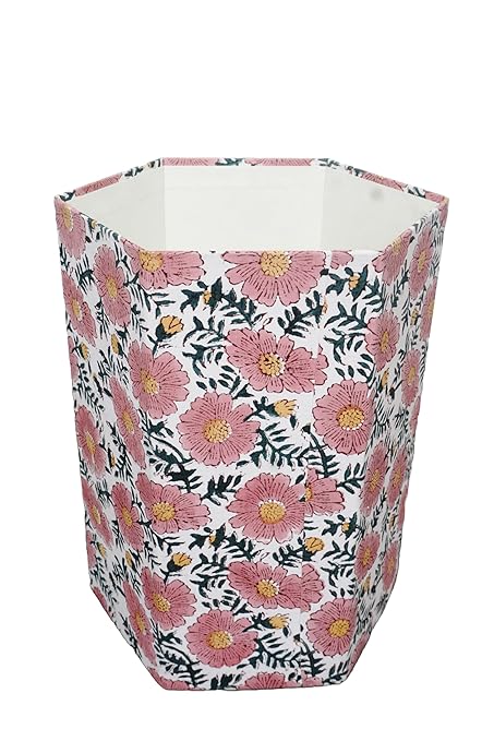 3.3 Gallon Cotton Hand Block Printed Paper Waste Basket |Small Decorative Trash Can for Housewarming Gifts in Living Room, Bedroom, Bathroom | Eco-Friendly, Plastic-Free (1, Green Pink Sun FLOWAR)