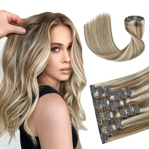 HUAYI Clip In Hair Extensions - Ash Blonde Mixed Platinum Blonde 120g 22 Inch, Real Human Hair Extensions for Women, Premium Quality Hair Extensions Real Human Hair for a Natural Look