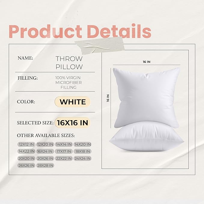 Utopia Bedding 16x16 Pillow Inserts, Set of 2, White – Indoor Decorative Throw Pillows for Bed, Sofa & Couch – Soft, Supportive & Fluffy Cushion Inserts