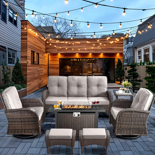 HUMMUH 7-Piece Patio Furniture Set with Fire Pit,Wicker Patio Sofa Set Outdoor Swivel Rocking Chairs with Ottomans for Backyard,Poolside,Deck