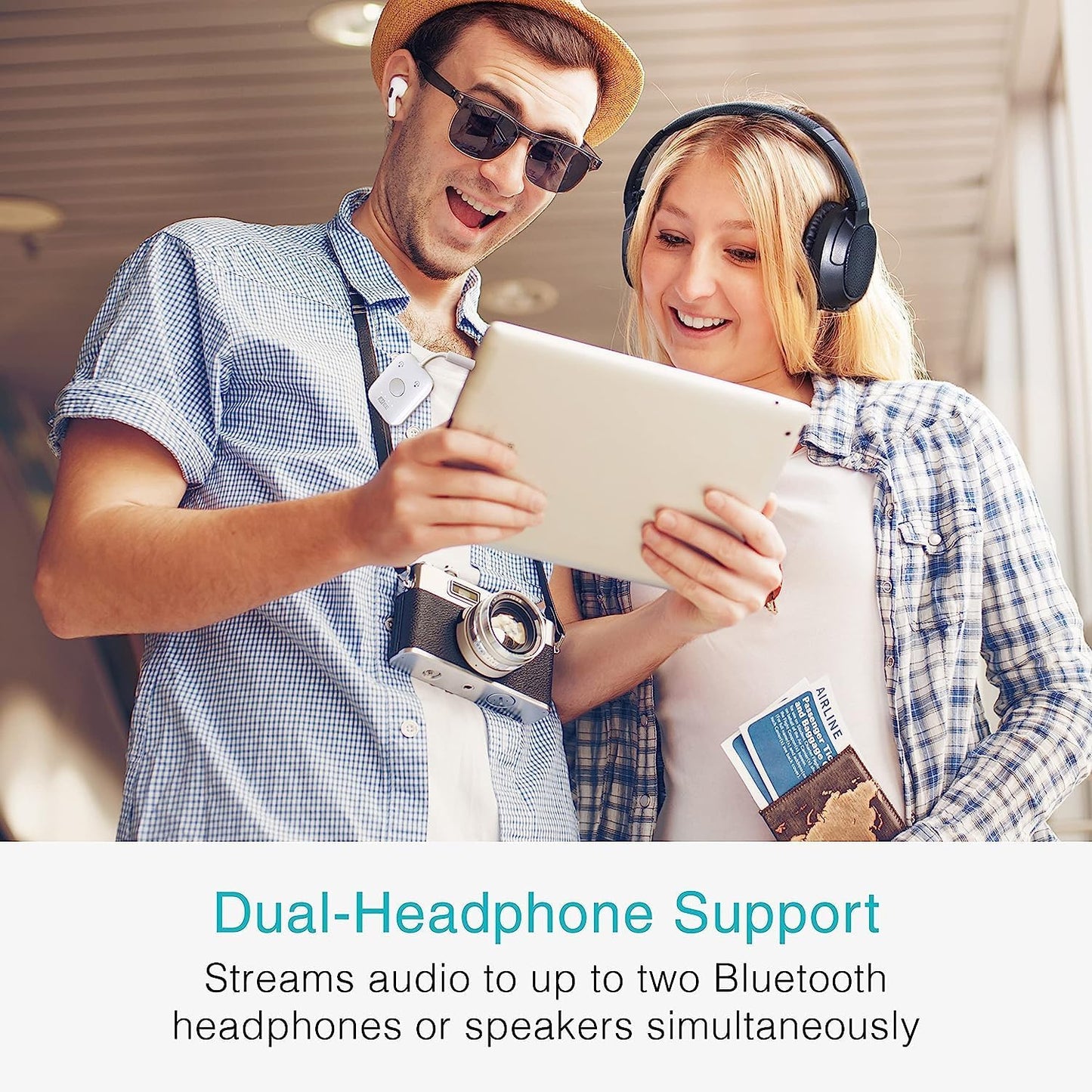 MEE audio Connect Air in-Flight Bluetooth Wireless Audio Transmitter, with Extra Dual 3.5mm Jack AUX Adapter, for up to 2 AirPods/Other Headphones; Works with All 3.5mm Aux Jacks, White
