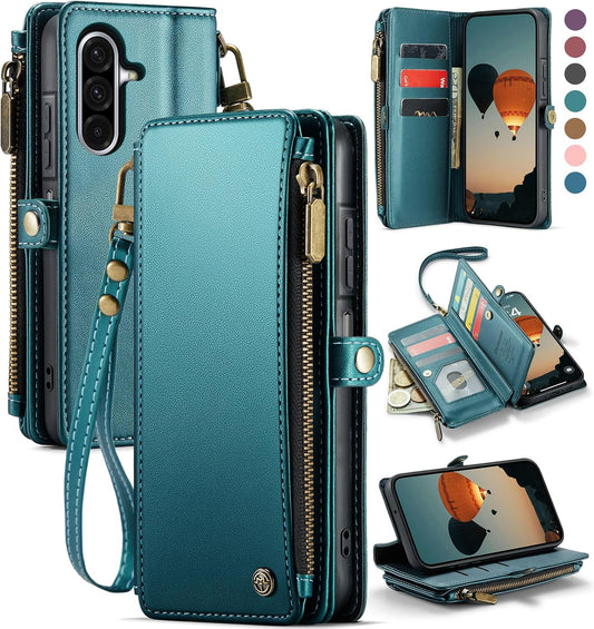 Defencase for Galaxy A26 5G Case Wallet with RFID Blocking Card Holder for Women Men, Fashion PU Leather Magnetic Snap Flip Zipper Wrist Strap Wallet Phone Case for Samsung Galaxy A26 5G, Blue Green