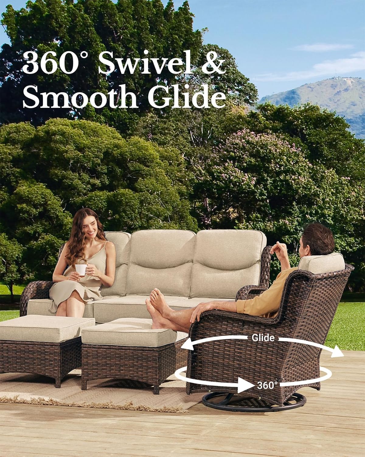 HILLGA Luxury Patio Furniture Set with 6-inch Thick Cushion, Outdoor Couch, Loveseat and High Back Swivel Rocker Patio Chairs, 7PCS Wicker Conversation Set for Deck Yard and Poolside, Beige (V2)
