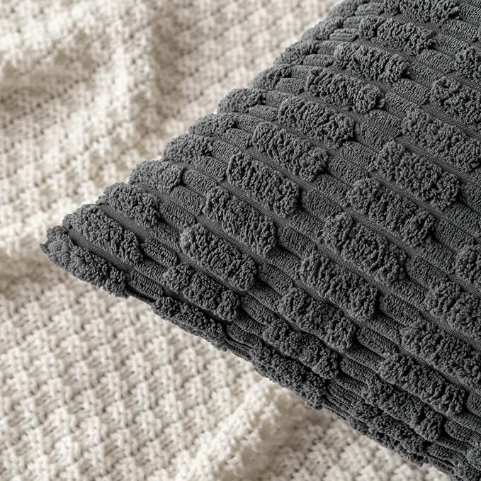 MIULEE Pack of 2 Corduroy Decorative Throw Pillow Covers 18x18 Inch Soft Boho Striped Pillow Covers Modern Farmhouse Home Decor for Sofa Living Room Couch Bed Dark Grey