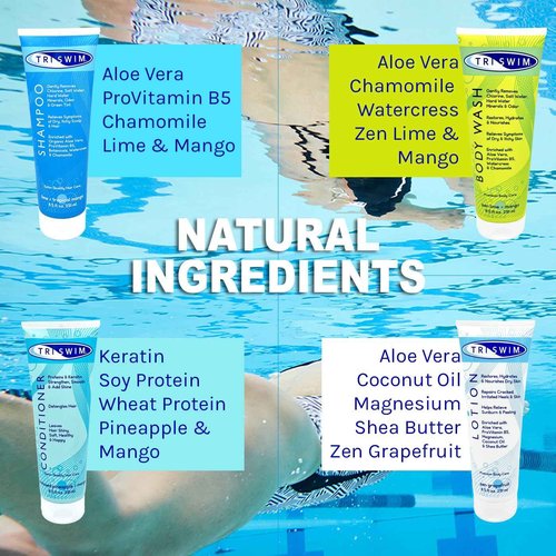 TRISWIM Gift Set Value Pack of 4 + Mesh Bag Travel Kit Swim Care Chlorine Removal Body Wash + Swimmers Shampoo + Conditioner and Lotion 8.5 fl oz for Hydrated Skin and Healthy Hair