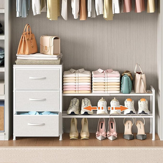 Cidaziya Expandable Closet Organizers and Storage, White Fabric Storage Dresser, 3 Drawer Dresser, Clothes Shelves for Kids, Purse Organizer Small Shoe Rack for Closet Bedroom(31.29~43.42 in)
