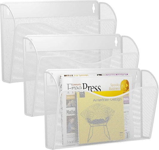 3 Single Pocket Wall File Holder, Mesh Hanging File Folder Paper Organizer, Vertical Wall Mounted Mail Basket, Storage Organization Magazine Rack for Office, Home and School, White