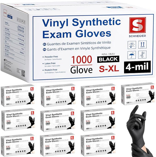 Schneider Vinyl Synthetic Exam Gloves, 4 Mil, Latex Free Disposable Gloves for Medical, Cooking, Cleaning, and Food Prep
