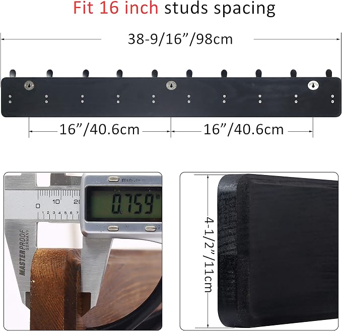 WEBI Coat Rack Wall Mount,38 9/16" Long,10 Tri Hooks for Hanging Coats,16" Hole to Hole,Wood Coat Hooks Wall Mounted,Wall Coat Hanger for Clothes,Jacket,Hats,Rustic Black,2 Packs