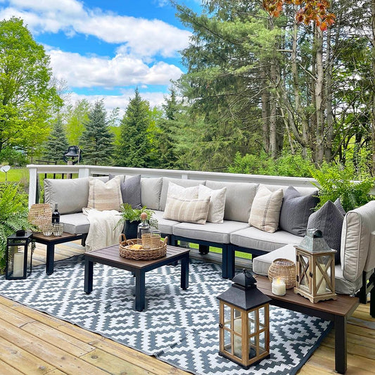 Sophia & William 6 Pieces Outdoor Patio Furniture Set, Metal Sectional Sofa Set Patio Conversation Set-2 x Single Sofa with Side Table,1 x Loveseat,2 x Single Couch,1 x Tea Table(Beige Grey)