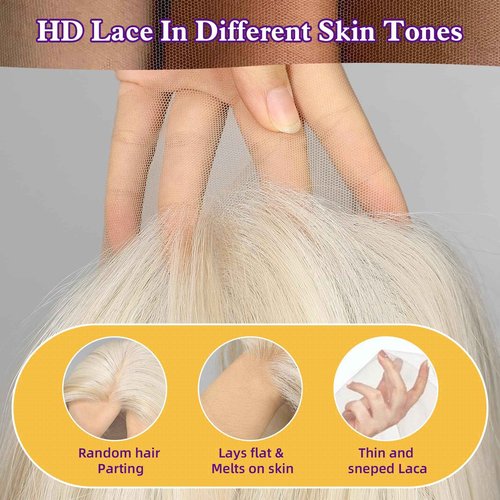 KOME Platinum Blonde Synthetic Lace Front Wig,13X6 Long Straight Layered Glueless Wigs for Women Daily Use 22IN