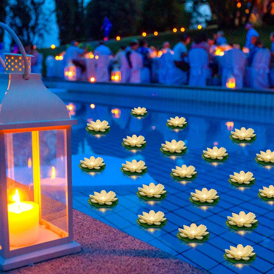 Liliful 36 Pcs Diwali Lotus Decoration Floating Lights Lotus Artificial Floating Flowers for Pool with LED Lights Battery Operated for Indian Puja Ganesh chaturthi Diwali(3.94 Inch,White)