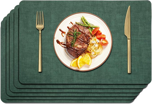 Maxpearl Faux Leather Placemats Set of 6 - Waterproof - Wipe Clean - Heat Resistant - Anti Slip Dining Table Place Mats, Suitable for Indoor & Outdoor Use, 17’’×12’’, Dark Green
