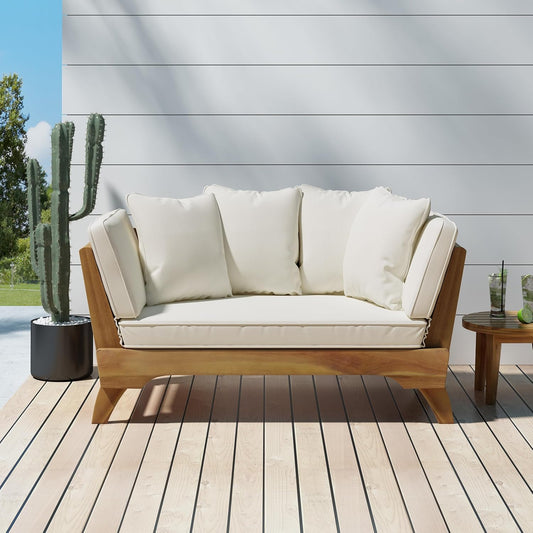 Outdoor Adjustable Patio Wooden Serene Daybed Sofa Chaise Lounge with Cushions for Small Places, Sleeper Chair with Armrest for Backyard, Poolside (Beige)